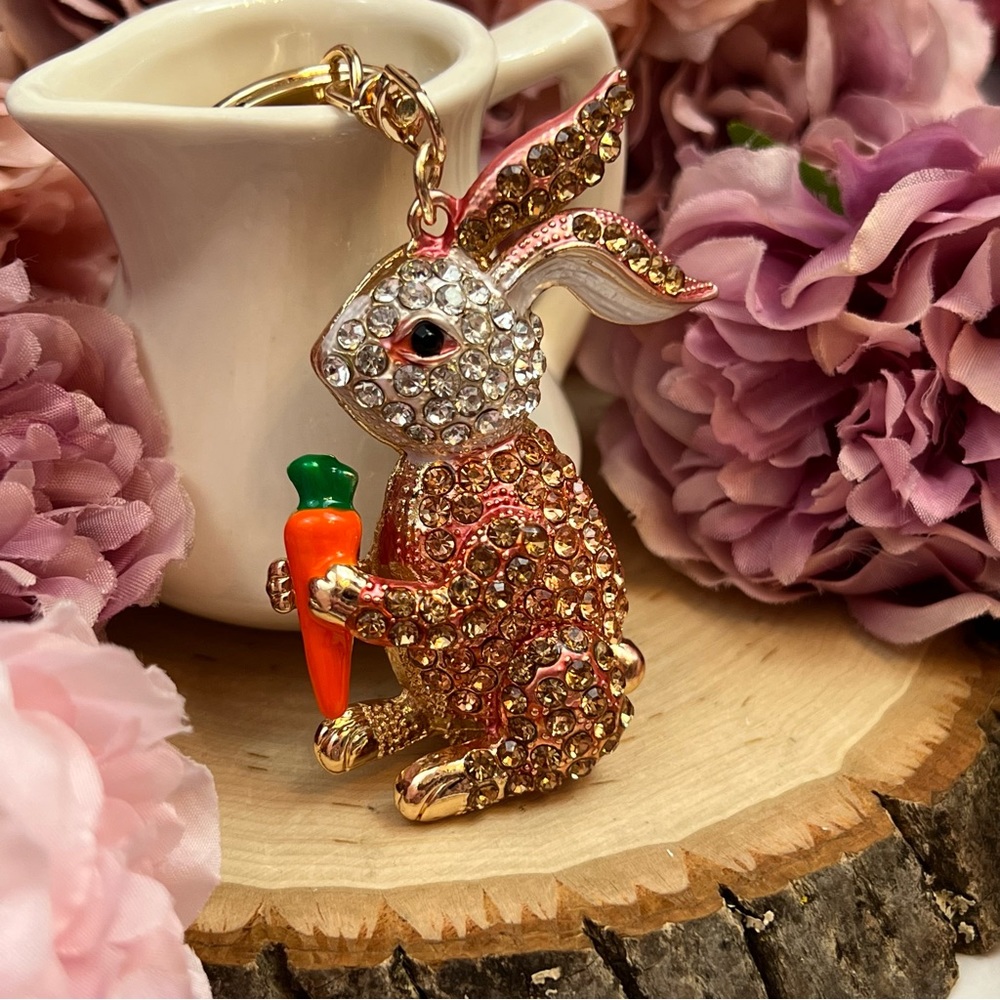 Champagne and Silver Crystal Bunny Rabbit with Carrot Keychain Charm - Picture 2 of 16